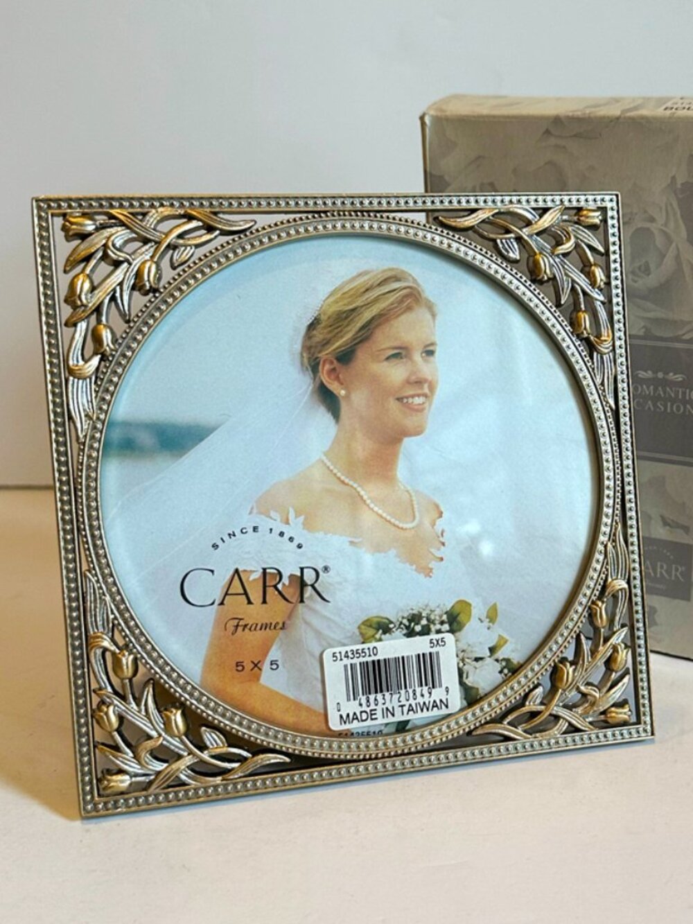 VTG 1998 Carr Romantic Occasions Bouquet Picture Frame Round 5x5 Pewter Gold NIB